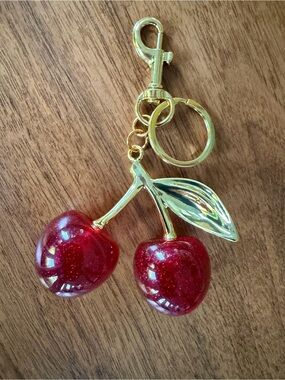 Unbranded Red Double Cherries Bag Charm & Key Ring with Gold Accents NEW